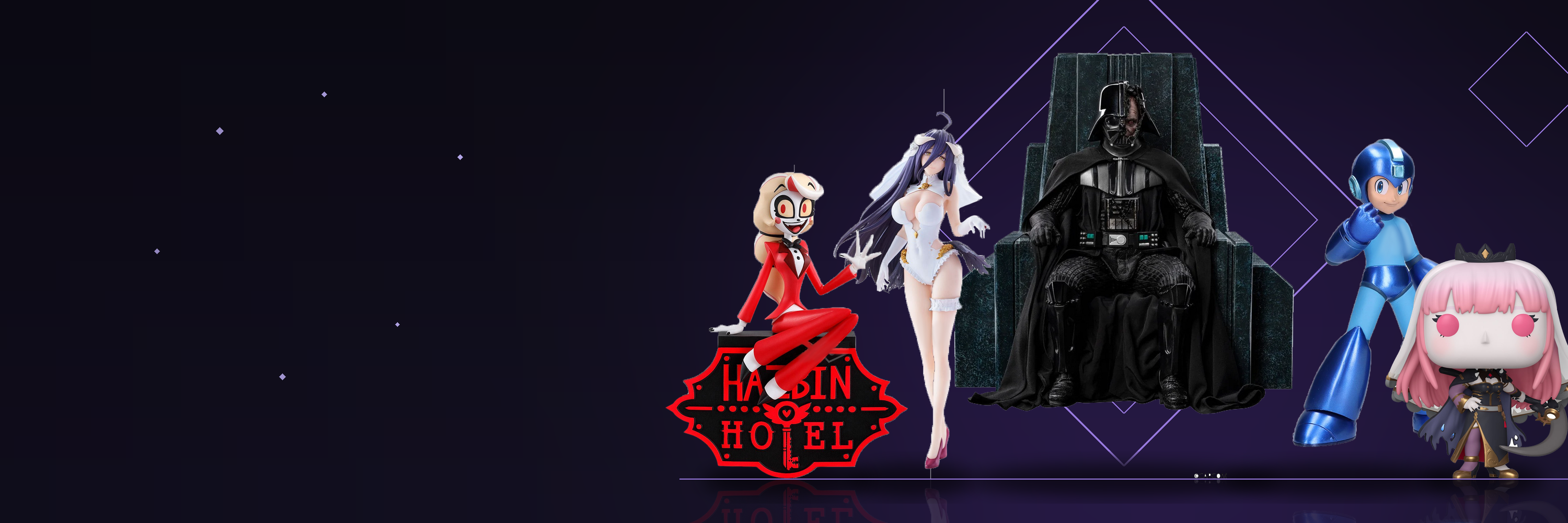 Geek Obsession hero — Darth Vader, Albedo, Charlie, Mega Man and Calliope statues